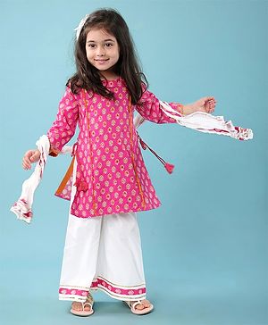 Babyhug Cotton Cambric Three Fourth Sleeves Kurti Palazzo &  Dupatta Set Floral Print - Fuschia