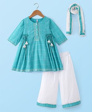 Babyhug Cotton Woven Three Fourth Sleeves Printed Kurta with Tassle Detailing & Palazzo with Dupatta Set - Blue
