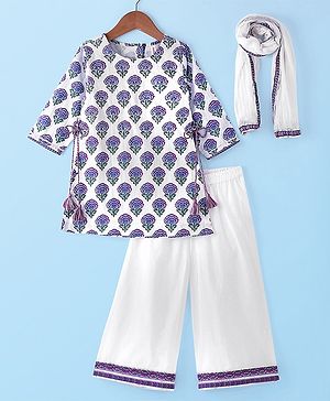 Babyhug Cotton Woven Three Fourth Sleeves Cambric Floral Printed Kurti Palazzo &  Dupatta Set - White