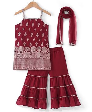 Babyhug Woven Sleeveless Georgette Brocade Kurti Sharara and Dupatta Set - Red