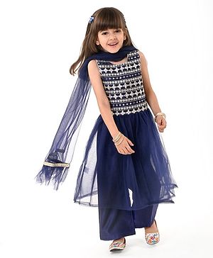 Babyhug Woven  Sleeveless Net Embroidered Kurti Palazo Set with Dupatta - Navy Blue