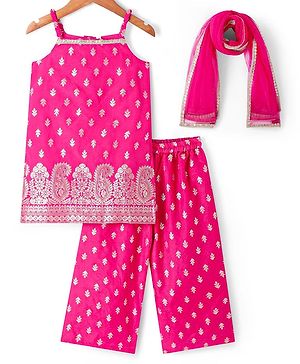 Babyhug Woven Sleeveless Brocade Kurti Palazo & Dupatta Set - Dark Pink