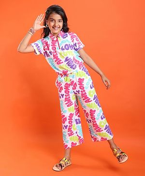 Pine Kids Cotton Half Sleeves Text Printed Top And Pants Set - Multicolor