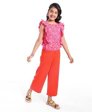 Pine Kids Looper Knit Frill Sleeves Top & Palazzo Set with Heart Print - Red & Pink