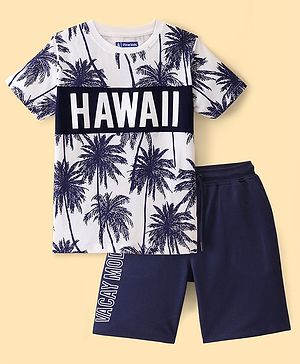 Pine Kids Single Jersey Knit Half Sleeves T-Shirt & Shorts Set Palm Tree Print - Snow White & Blue Depths