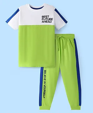 Pine Kids Single Jersey Knit Half Sleeves T-Shirt & Lounge Pant Set Text Print - Snow White & Wild Lime