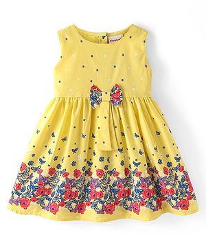 Babyhug Poplin Sleeveless Frock Floral and Butterfly Print with Bow Applique - Yellow