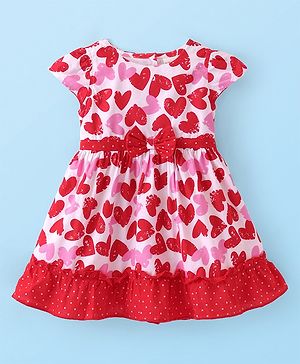 Babyhug Poplin Cotton Cap Sleeves Frock with Heart Print & Bow Applique - Red & Pink