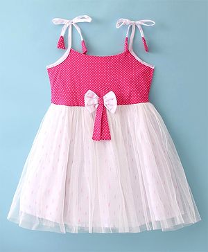 Babyhug 100% Cotton Woven Sleeveless Frocks With Polka Dot Print & Bow Applique- White