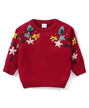 Babyhug Knit Full Sleeves Sweater With Floral Embroidery - Red