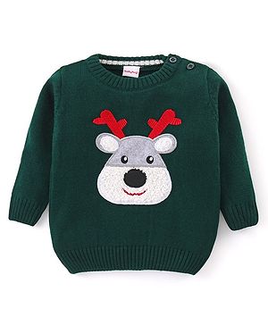 Babyhug Knit Full Sleeves Sweater with Reindeer Design - Dark Green