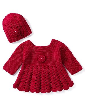 Babyhug Hand-Knitted Full Sleeves  Woolen Dress with Crochet Cap Floral Detailing -  Fuchsia