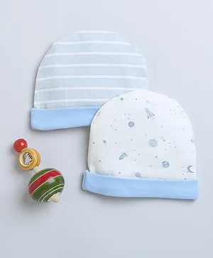 BUMZEE Pack Of 2 Striped & Space Theme  Printed Round Caps - Sky Blue & White