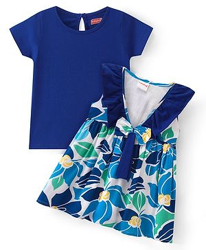Babyhug Rayon Woven Frock with Half Sleeves Inner Tee Floral Print & Bow Applique - White & Navy