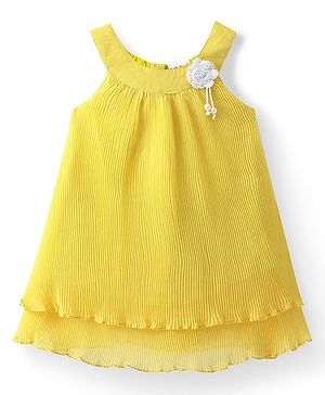 Babyhug Woven Sleeveless Frock with Floral Applique Solid Colour - Yellow