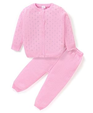 Babyhug Knitted Full Sleeves Solid Color Sweater Set - Pink