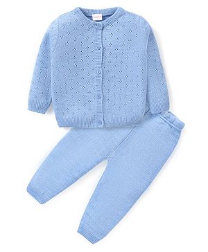 Babyhug Knitted Full Sleeves Solid Color Sweater Set - Blue