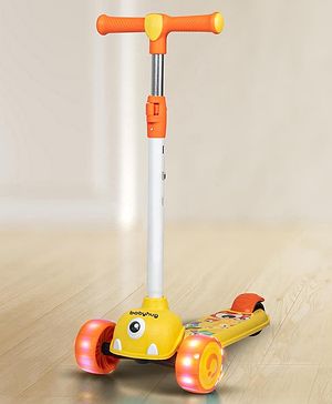 Babyhug Kids Kick On Scooter with LED Wheels  Wide Standing Deck and  3 Level Adjustable Handlebar - Yellow