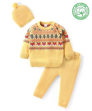 Babyhug Organic Cotton Knit Raglan Sleeves Sweater Set with Cap Fox Design - Yellow