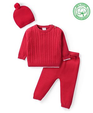 Babyhug Organic Cotton Knit Full Sleeves Sweater Set & Cap with Cable Knit Design - Red