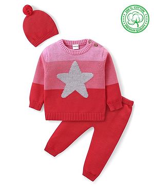 Babyhug Organic Cotton Knit Full Sleeves Sweater Set & Cap with Colour Block & Star Design - Multicolour