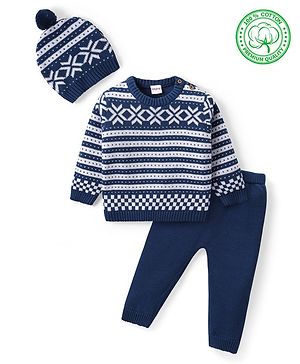 Babyhug Organic Cotton Knit Full Sleeves Sweater Set & Cap with Stripe Design - Navy Blue