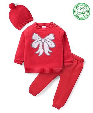 Babyhug Organic Cotton Knit Full Sleeves Sweater Set & Cap with Bow Design - Red