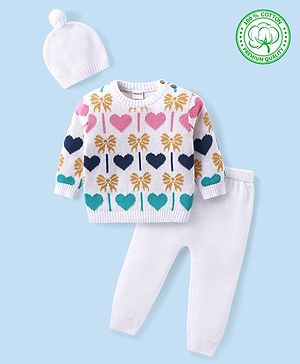 Babyhug Organic Cotton Knit Full Sleeves Sweater Set & Cap with Heart Design - Off White
