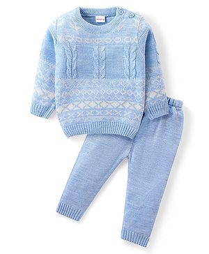 Babyhug Knitted Full Sleeves Sweater Set with Argyle Design - Light Blue