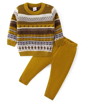Babyhug Knit Full Sleeves Sweater Set with Aztec Design - Mustard