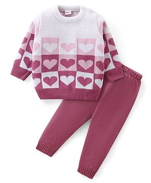 Babyhug Knit Full Sleeves Sweater Set with Heart Design - Pink