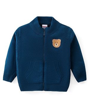 Babyhug Knitted Full Sleeves Front Open Sweater with Bear Patch - Navy Blue