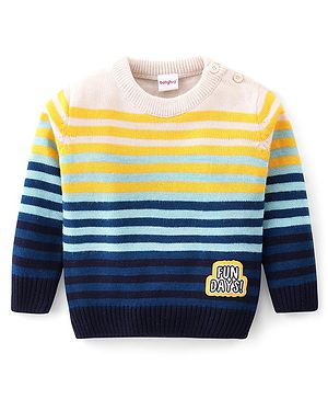Babyhug Knitted Full Sleeves Pullover Striped  Sweater with Placement Text Patch - Multicolour