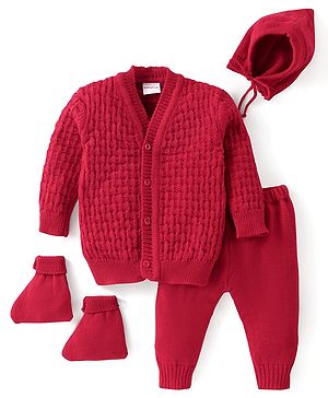 Babyhug Knitted Full Sleeves Baby Sweater Set with Cap & Booties Cable Knit Design - Red