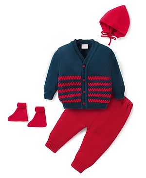 Babyhug Knit Full Sleeves Front Open Cable Knit Design Sweater Set with Cap & Booties - Red & Navy Blue