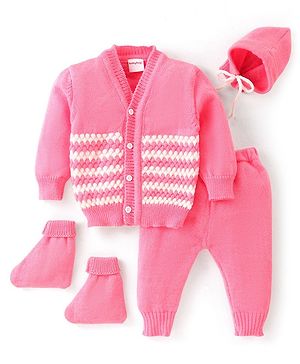 Babyhug Knit Full Sleeves Front Open Sweater & Pant Set with Cap and Booties Shell Design - Pink & White