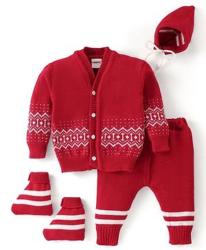 Babyhug Knit Full Sleeves Front Open Sweater & Pant Set with Cap and Booties Chevron Design - Red