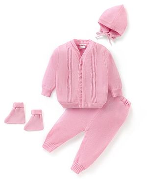 Babyhug Knitted Full Sleeves Front Open Sweater Set with Cap & Pair of Booties - Pink