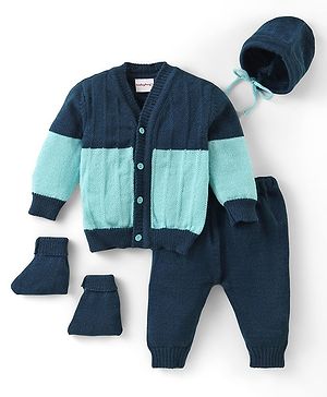 Babyhug Knitted Full Sleeves Front Open Sweater & Pant Set with Cap &  Booties Solid Colour  - Navy Blue