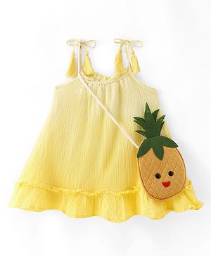 Babyhug Rayon Woven Singlet Sleeves Frock With Ombre Detailing & Pineapple Sling Bag  - Lemon Yellow