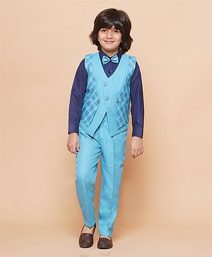 Rikidoos Full Sleeves Solid & Checked 4 Piece Shirt & Pant Set - Blue