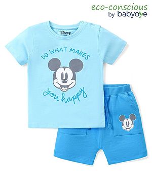 Babyoye Disney Single Jersey Knit Half Sleeves T-Shirt & Shorts Set with Mickey Mouse Graphics - Blue