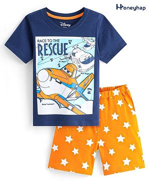 Honeyhap Disney Cotton Knit Half Sleeves Night Suit With Planes Graphics - Navy & Orange