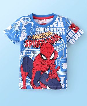 Babyhug Marvel Cotton Knit Half Sleeves Oversized Drop Shoulder T-Shirt Spider Man Print - Blue