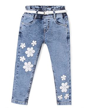 Babyhug  Full Length With Stretch Denim Washed Jeans  with Floral Applique - Blue