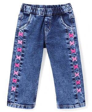 Babyhug Denim Full Length Butterfly Embroidered Stretchable Jeans - Blue
