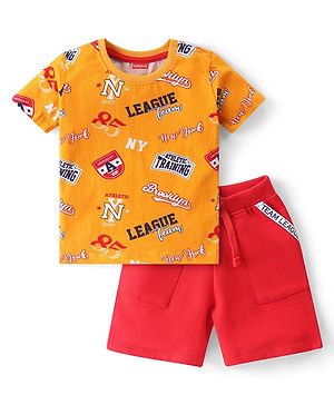 Babyhug Single Jersey Knit Half Sleeves T-Shirt & Shorts With Text Print - Yellow & Red