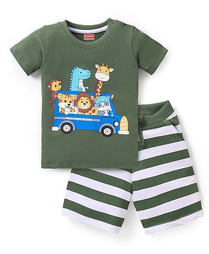 Babyhug Cotton Knit Half Sleeves Jungle Safari Print T-Shirt & Shorts Set - Green