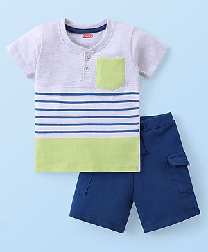 Babyhug Single Jersey Knit Half Sleeves Striped T-Shirt & Shorts Set with Pocket Detailing - Multicolour