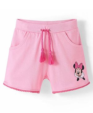 Babyhug Disney Cotton Knit Shorts with Minnie Mouse Graphics- Pink